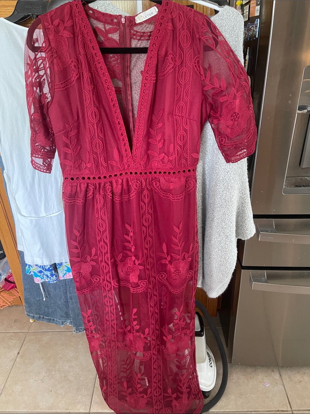 Eleter Women's Burgundy Lace Maxi Dress Large Boho Club Holiday
